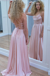 Sheath Pink Prom Dress Corset Appliques A Line Formal Dress